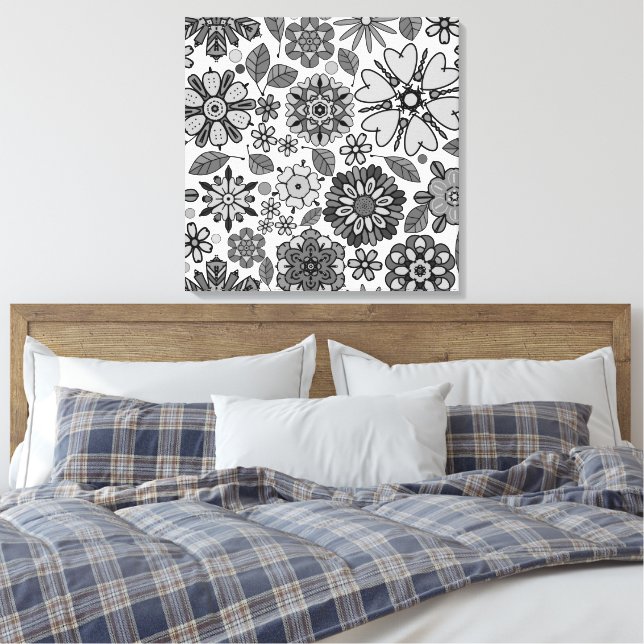 Toile Motif sans couture d'art floral rétro noir gris bl (Insitu(Chambre))