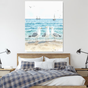 Toile Mouettes d'aquarelle à la plage sur mesure côtière