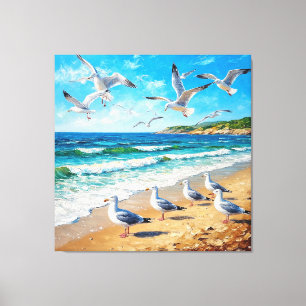 Toile Mouettes sur un rivage avec des vagues océaniques