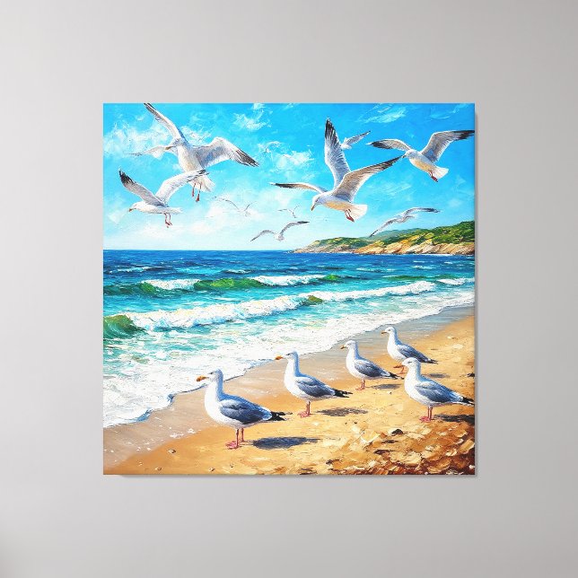 Toile Mouettes sur un rivage avec des vagues océaniques (Recto)