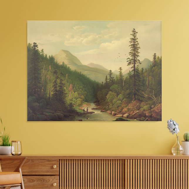 Toile  Mountain scene, 2 men, 1 fishing (Insitu(Salon))