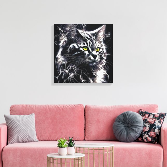 Toile Mystique en Noir et Argent - Chat Mystique (Insitu(Salon))