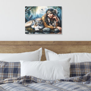 Toile Mystique Une Américaine Autochtone Avec Loups 24x1