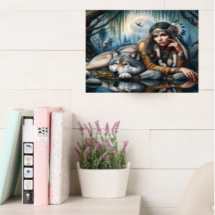 Toile Mystique Une Femme Amérindienne Avec Loups 16x12