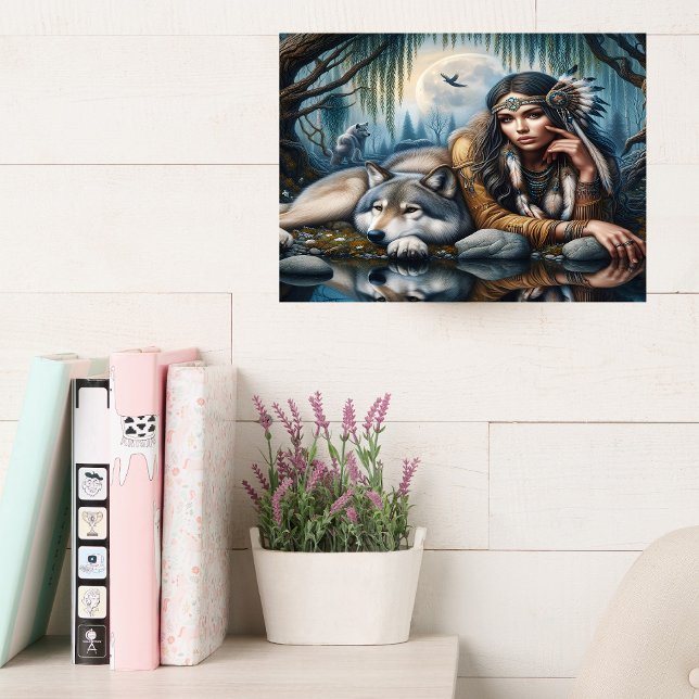 Toile Mystique Une Femme Amérindienne Avec Loups 16x12 (Créateur téléchargé)