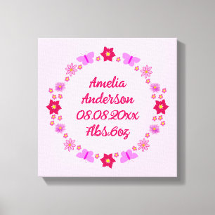 Toile Naissance Bébé Fille Fleurs et Papillons Roses Per