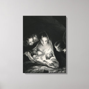 Toile Nativité Jésus Vierge Marie Anges Noir Blanc