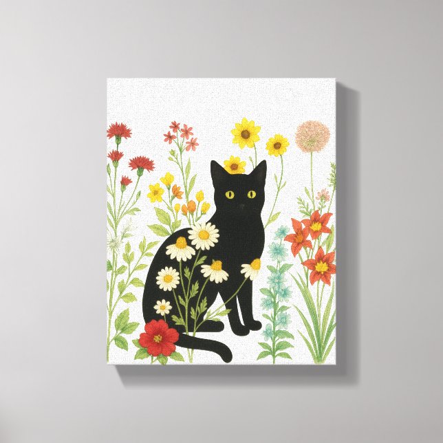 Toile Nature botanique – Chat noir dans un jardin de fle (Recto)