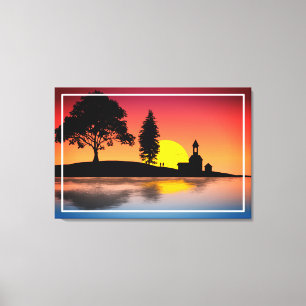 Toile Nature Lake Trees Couple Silhouette Artwork