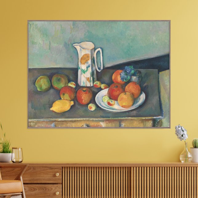 Toile Nature morte, Pot à lait et fruits sur une table,  (Insitu(Salon))