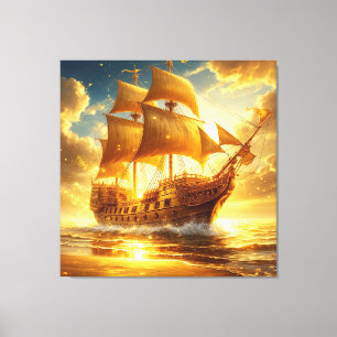 Toile Navire à voile doré sur la mer au coucher du solei