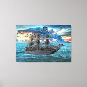 TOILE NAVIRE DE PIRATE ANCHOUÉ AU COUCHER DU SOLEIL