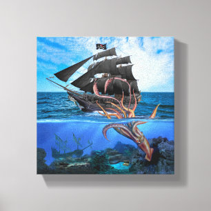 Toile Navire pirate contre le calmar géant