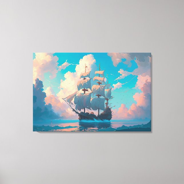 Toile Navire Pirate Naviguant Dans Les Nuages Pastel Flu (Recto)