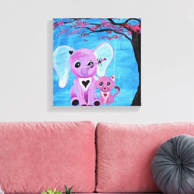 Toile Ne m'oubliez pas Éléphant Mignon Chat Art de Fleur (Insitu(Salon))