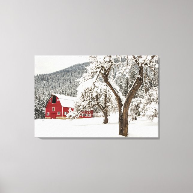 Toile Neige fraîche sur grange rouge (Recto)