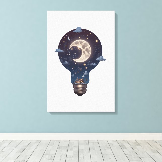 Toile Night Sky and Cottage Inside a Lightbulb (Insitu (Plancher de Bois))