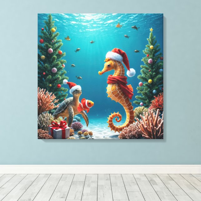 Toile Noël sous l'océan, hippocampe et tortue (Insitu (Plancher de Bois))
