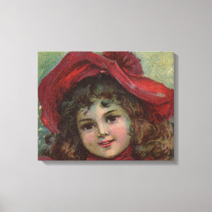 Toile Noël Victorien Enfant Rouge Casquette Portrait Fil