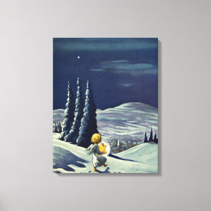 Toile Noël vintage, ange de neige marchant avec une étoi