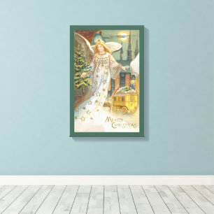 Toile Noël vintage, ange victorien avec arbre