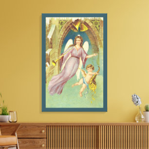 Toile Noël vintage, ange victorien avec chérubin