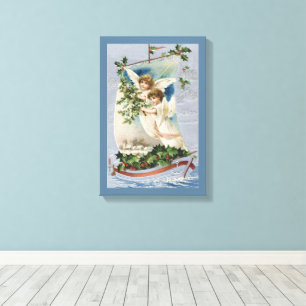 Toile Noël vintage, anges victoriens dans un voilier