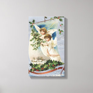 Toile Noël vintage, Anges victoriens en voilier