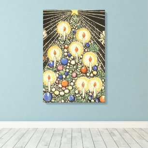 Toile Noël vintage, arbre avec bougies et une étoile