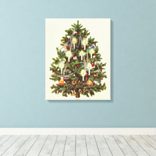 Toile Noël vintage, arbre victorien décoré