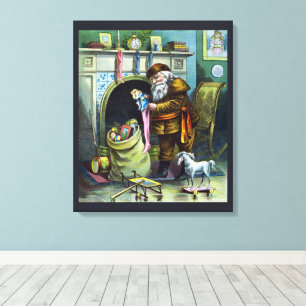 Toile Noël vintage, bas du Père Noël avec jouets