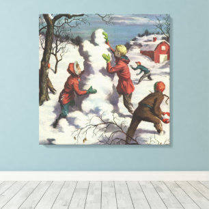 Toile Noël vintage, bataille de boules de neige entre en