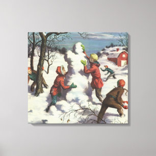 Toile Noël vintage, bataille de boules de neige entre en