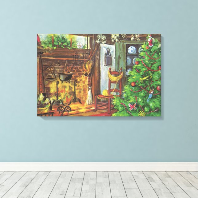 Toile Noël vintage, chalet confortable avec cheminée (Insitu (Plancher de Bois))