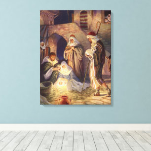 Toile Noël vintage de la Nativité, 3 bergers et Jésus