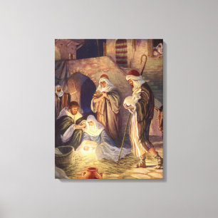 Toile Noël vintage de la Nativité, 3 bergers et Jésus