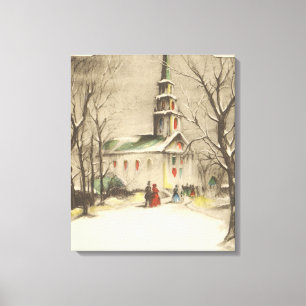 Toile Noël vintage, église dans un paysage enneigé hiver