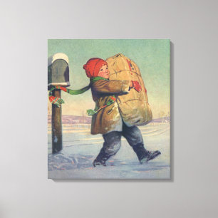 Toile Noël vintage, enfant avec gros colis