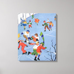 Toile Noël vintage, enfants faisant du patin à glace sur