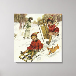 Toile Noël vintage, enfants victoriens faisant de la lug