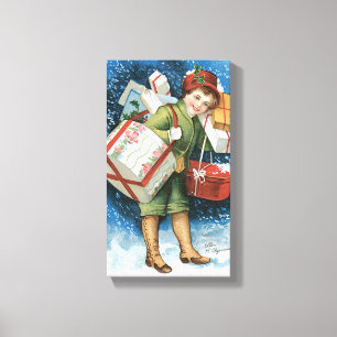 Toile Noël vintage, fille avec des cadeaux dans la neige