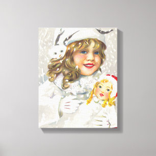Toile Noël vintage fille victorienne avec poupée dans la