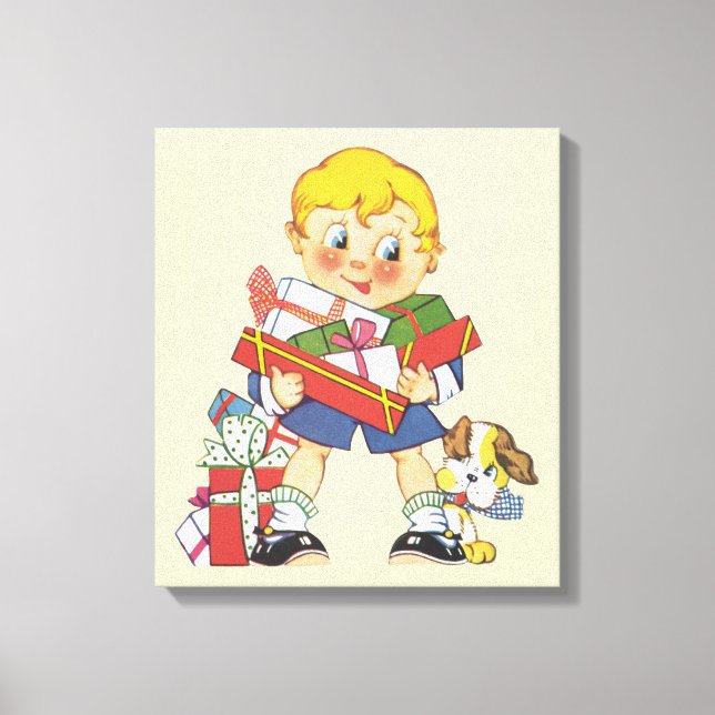 Toile Noël Vintage, Garçon avec Cadeaux et Chiot (Recto)