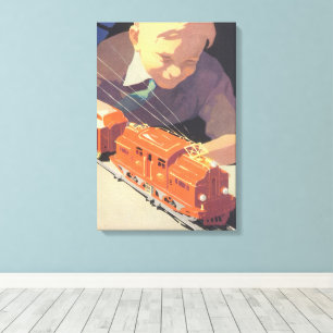 Toile Noël vintage, garçon jouant avec des trains jouets