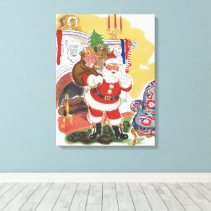 Toile Noël vintage, joyeux Père Noël avec cadeaux