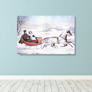 Toile Noël Vintage, La Route Hiver, Cheval Sleigh