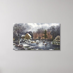 Toile Noël Vintage, Patins d'hiver précoce sur un étang