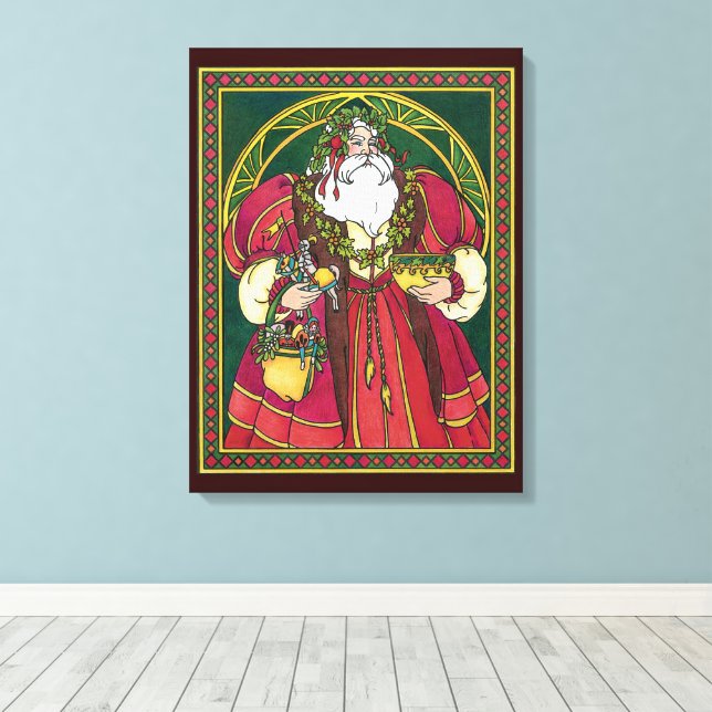 Toile Noël Vintage, Père Noël avec Feuilles Holly (Insitu (Plancher de Bois))