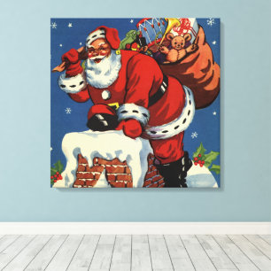 Toile Noël vintage, Père Noël descendant la cheminée ave