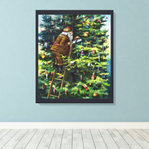 Toile Noël vintage, Père Noël victorien avec arbre
